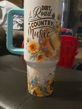 NaNa White Travel Tumbler with Sunflower Country Music Design and Teal Handle